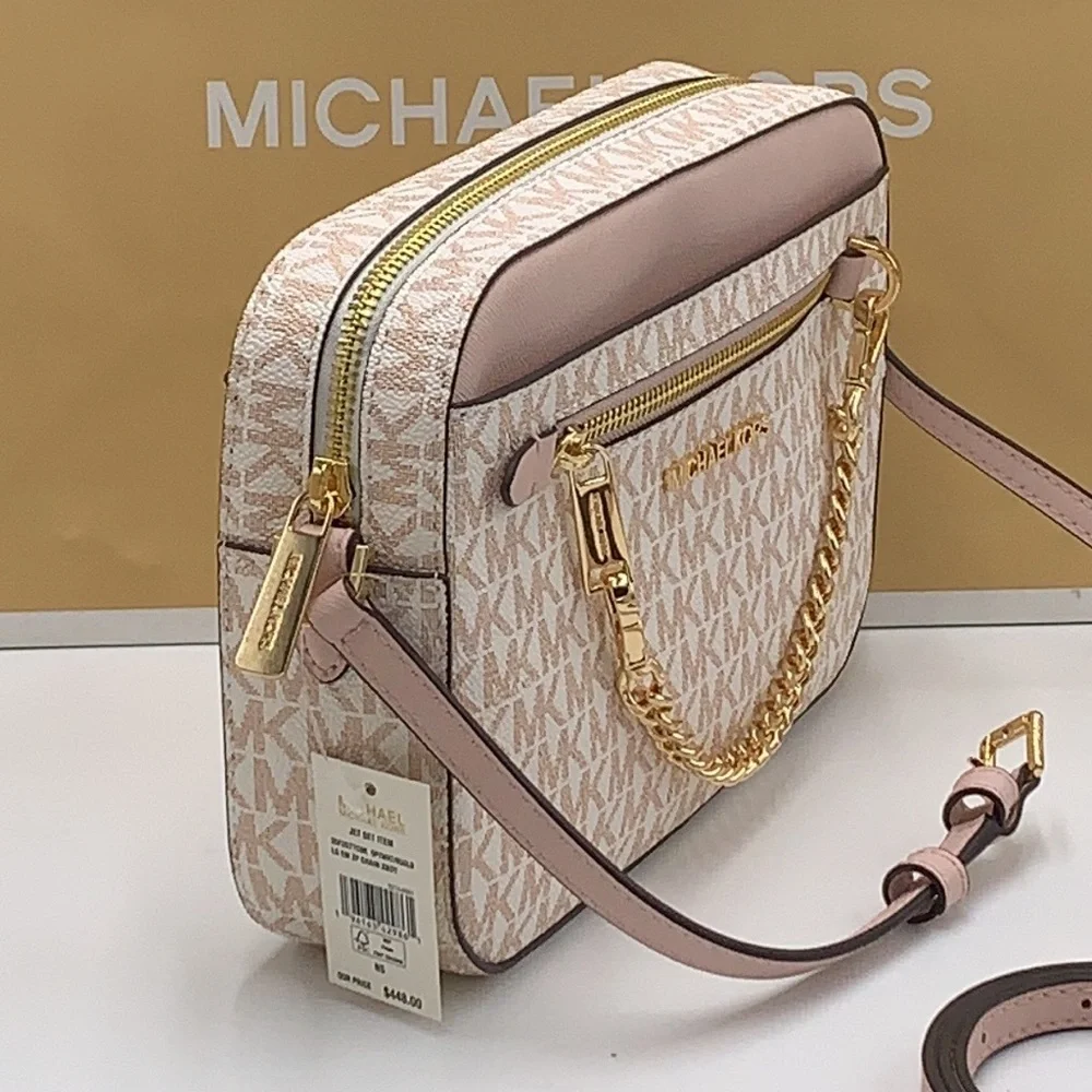 MICHAEL KORS LARGE EAST WEST ZIP CHAIN XBODY OPTIC WHITE ROSE GOLD COLOR